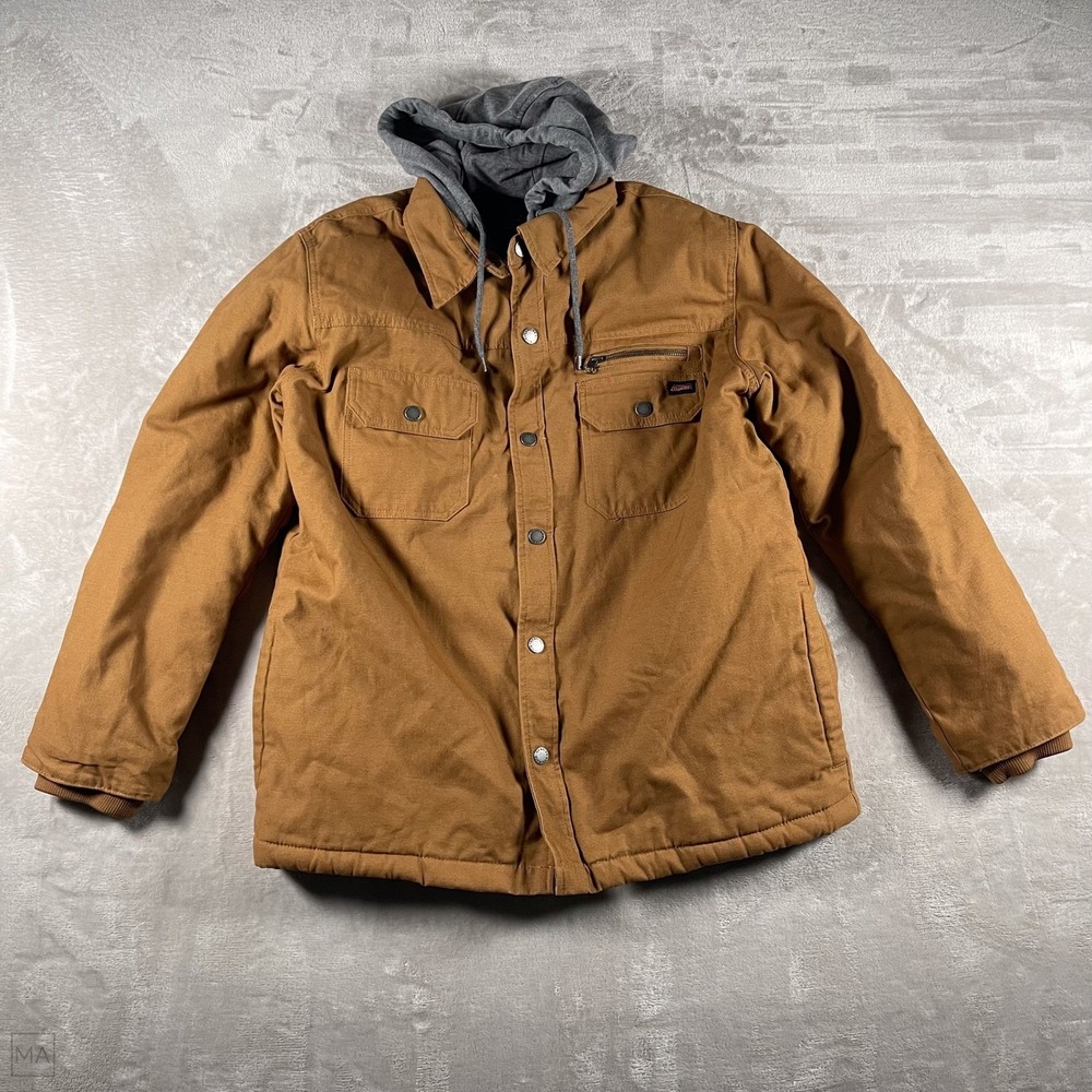 Dickies Men's Jacket Workwear Canvas Hooded Insulated L‎ Brown/Gray